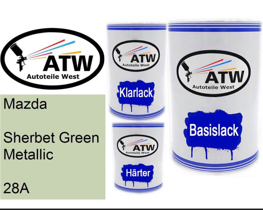 Mazda, Sherbet Green Metallic, 28A: 500ml Lackdose + 500ml Klarlack + 250ml Härter - Set, von ATW Autoteile West.